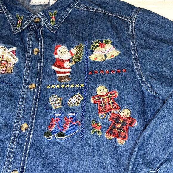 VTG Bobbie Brooks Embroidered Christmas Shirt Women's M | Blue Denim Chambray - Picture 1 of 10